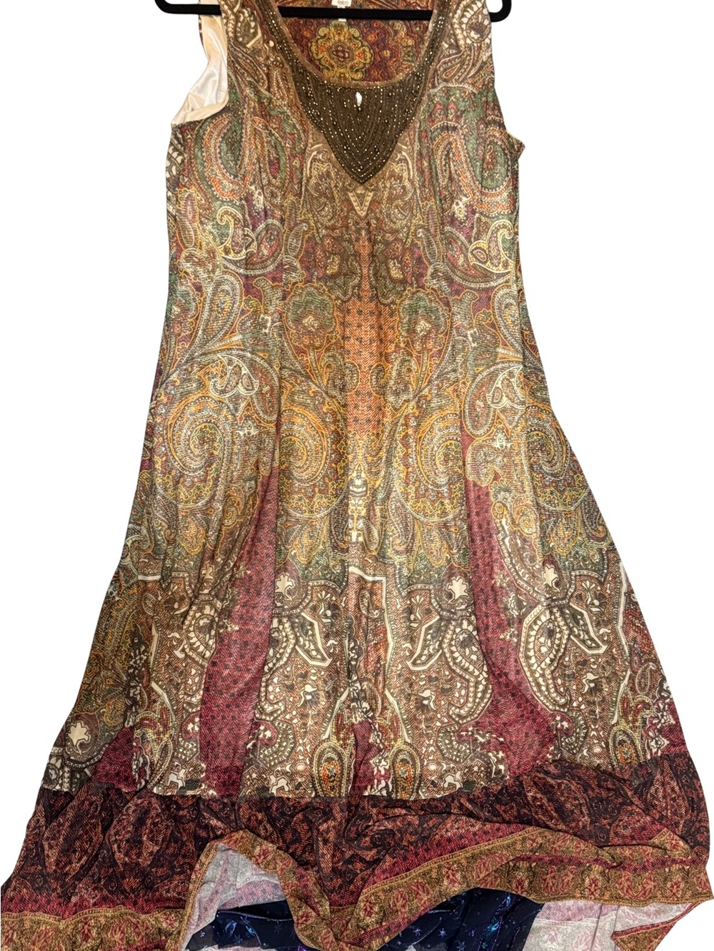 Vintage Boho Whimsy Multicolor Paisley Beaded V-Neck Maxi Dress